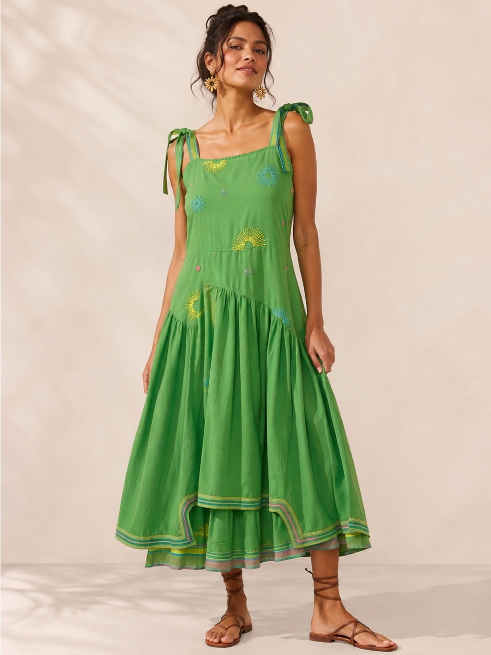 Terquois Kelly Green Cotton Voile Asymmetric Tie-Strap Embroidered Midi Dress MD